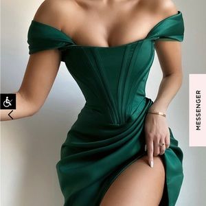 House of CB Loretta Dress Emerald Green Satin Off Shoulder Dress